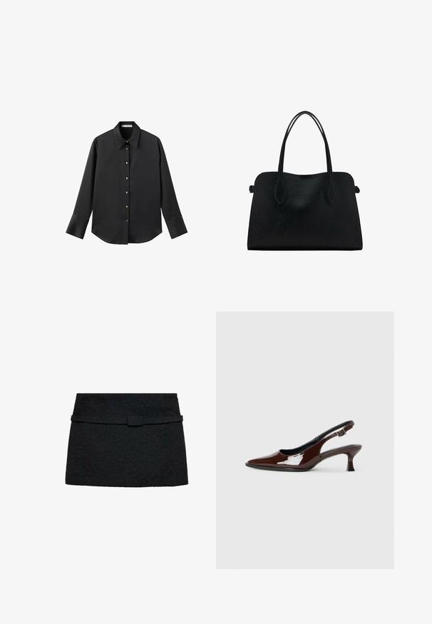 Črna majica z dolgimi rokavi iz gladkega materiala, z klasičnim ovratnikom, sprednjim zapiranjem na gumbe z zlatimi gumbi in širokimi manšetami.; Črna mini krilo, izdelano iz teksturirane tkanine, s usklajenim pasom na pasu. Preprost dizajn s ravnim krojem in brez vzorcev.; Rjavi lakirani slingback čevelj z ostro konico in zmerno peto. Ima zaponko za varno prileganje. Gladka tekstura.; Črna usnjena torbica z dvema naramnima trakoma, pravokotne oblike in minimalističnim dizajnom na beli podlagi.