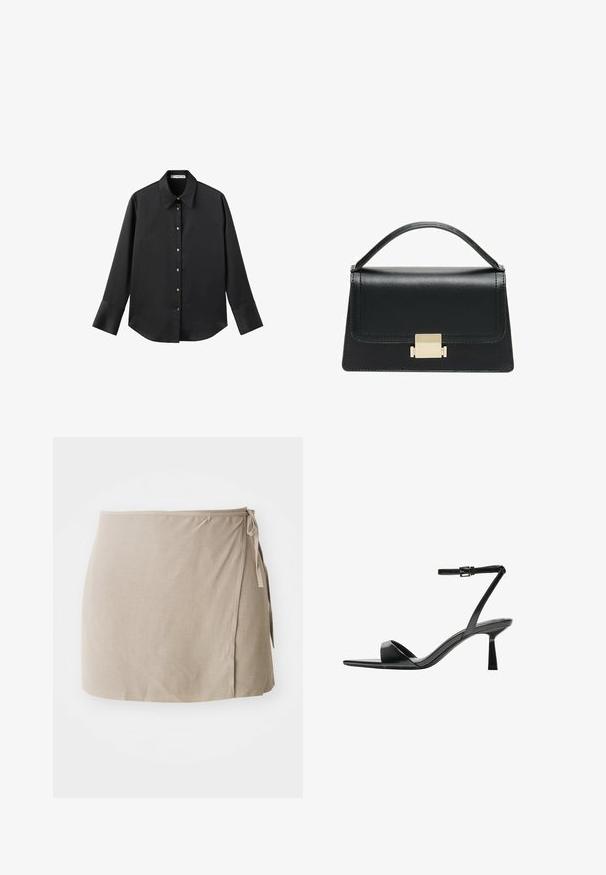 Maglietta nera a maniche lunghe in tessuto morbido, con colletto classico, chiusura frontale con bottoni dorati e polsini ampi.; Gonna avvolgente beige con nodo laterale, realizzata in tessuto leggero. Presenta una texture liscia e una silhouette dritta con una leggera caduta.; Bershka Sandali con tacco - black; Borsa a tracolla in pelle nera con design strutturato, manico superiore e dettaglio in metallo dorato sulla parte frontale. Texture liscia, cuciture minime.