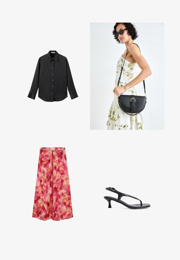 Chemise noire à manches longues en tissu lisse, dotée d'un col classique, d'une fermeture à boutons sur le devant avec des boutons dorés, et de larges poignets.; Jupe longue en rose vibrant avec un motif abstrait, semblable à de l'aquarelle. Fabriquée en tissu léger. Présente une coupe droite et une taille dissimulée.; Sandale en cuir noir au design épuré, avec des fines lanières et un petit talon. Dispose d'une boucle décorative et d'une semelle intérieure lisse.; Sac à main en cuir noir avec une forme courbée, bandoulière amovible et des accessoires en or. Le sac est doté d'un rabat avec un détail de boucle.; Boucle d'oreille en métal doré avec un design élégant et courbé. Présente une forme conique distinctive, une surface polie et une fermeture à charnière.