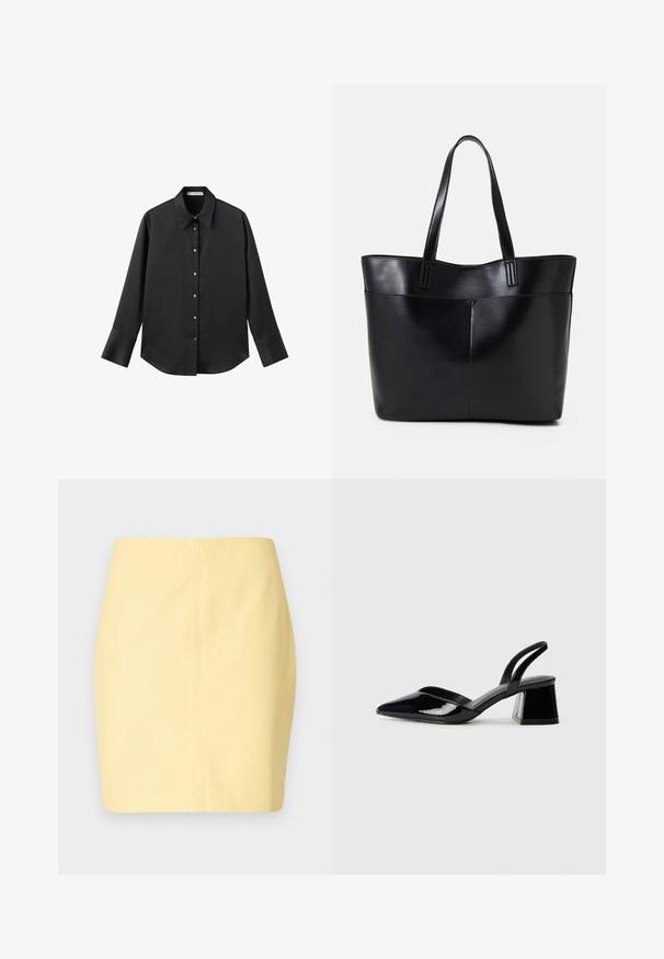 Maglietta nera a maniche lunghe in tessuto morbido, con colletto classico, chiusura frontale con bottoni dorati e polsini ampi.; Gonna gialla corta con una texture liscia e una vestibilità slim, caratterizzata da un design pulito e minimi dettagli di cucitura.; Décolleté in vernice nera con punta affusolata e tacco in geometria cubica. Presentano un design elegante e minimalista, con una texture liscia.; Borsa a tracolla in pelle nera con due manici lunghi, una texture liscia e una forma strutturata. Presenta una tasca frontale per ulteriore spazio di archiviazione.