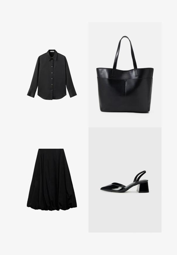 Maglietta nera a maniche lunghe in tessuto morbido, con colletto classico, chiusura frontale con bottoni dorati e polsini ampi.; Gonna nera in tessuto leggero, caratterizzata da una silhouette voluminosa con dettagli arricciati all'orlo e design plissettato in vita.; Décolleté in vernice nera con punta affusolata e tacco in geometria cubica. Presentano un design elegante e minimalista, con una texture liscia.; Borsa a tracolla in pelle nera con due manici lunghi, una texture liscia e una forma strutturata. Presenta una tasca frontale per ulteriore spazio di archiviazione.