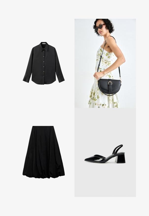 Zwarte lange mouwen shirt van gladde stof, met een klassieke kraag, een sluiting met knopen aan de voorkant met gouden knopen en brede manchetten.; Zwarte midi rok gemaakt van lichtgewicht stof, met een volumineuze vorm met gathered details aan de zoom en een geplooid ontwerp bij de taille.; Zwarte gepatineerde leren slingback hakken met een spitse neus en een geometrische blokhak. Kenmerkt zich door een slank, minimalistisch ontwerp en een gladde textuur.; Zwarte leren handtas met een gebogen vorm, afneembare schouderband en gouden hardware. De tas heeft een klep met een gespsluiting.