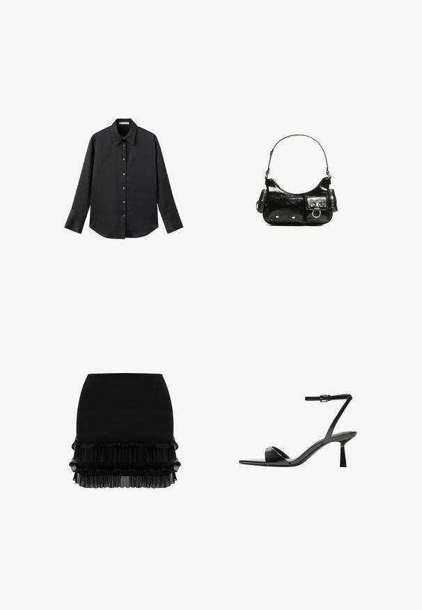 Zwarte lange mouwen shirt van gladde stof, met een klassieke kraag, een sluiting met knopen aan de voorkant met gouden knopen en brede manchetten.; Zwarte rok met een zorgvuldig afgestemde bovensectie, gelaagde ruches aan de zoom en een zachte, licht doorzichtige textuur. Geen extra versieringen.; Bershka Sandalen met hoge hak - black; Zwarte laarzen in lakleer met een gebogen vorm, één schouderband, voorvakken en accenten in zilverkleurig metaal.
