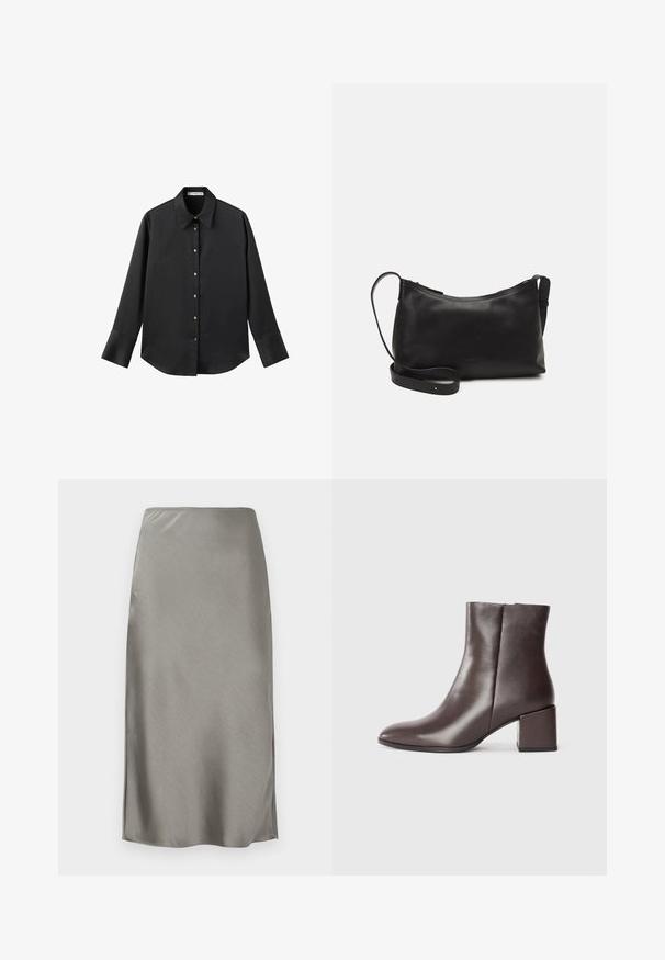 Crna košulja dugih rukava od glatkog materijala, s klasičnim ovratnikom, prednjim kopčanjem na dugmad u boji zlatne i širokim manžetnama.; Siva saten midi suknja s glatkom, finom teksturom. Blagi bočni prorezi poboljšavaju pokret. Minimalistički dizajn, uski struk i ravna silueta.; Smeđe kožne gležnjače s elegantnim dizajnom, šiljastim vrhom i kvadratnom blok potpeticom. Glatka tekstura i minimalistička silueta.; Crna kožna torba na rame s glatkom teksturom, zakrivljenim oblikom, podesivim remenom i zatvaranjem na patentni zatvarač. Minimalistički dizajn bez ukrasa.