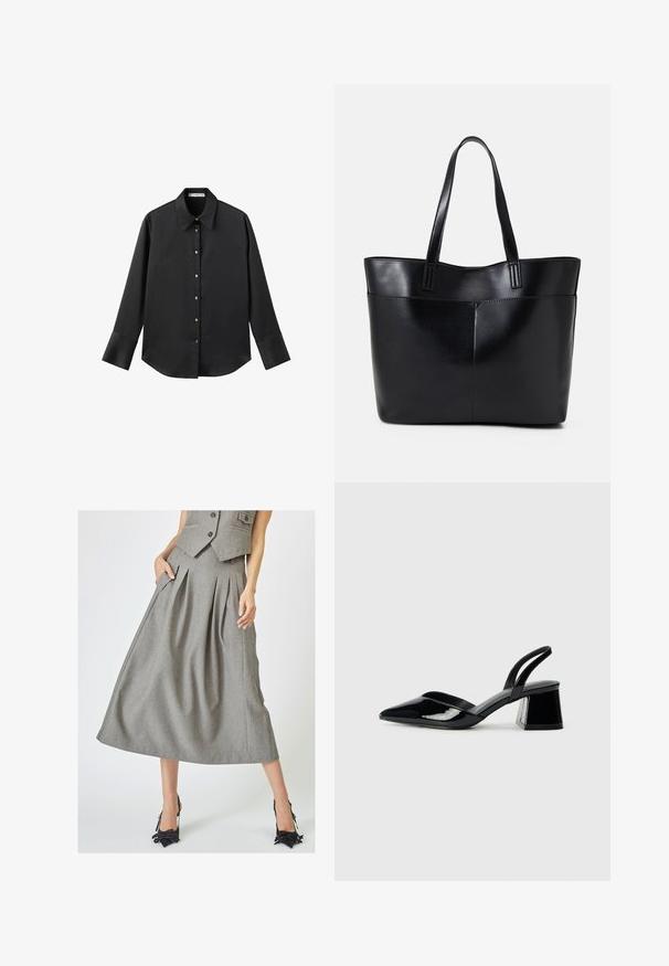 Čierna dlhá rukávová košeľa z hladkého materiálu, s klasickým golierom, predným zapínaním na gombíky so zlatými gombíkmi a širokými manžetami.; Sivá plisovaná sukňa vyrobená z textúrovaného materiálu, s bočnými vreckami a A-liniovým strihom, v kombinácii s čiernymi vysokými topánkami.; Čierne lakované kožené sandálové podpätky s špicatou špičkou a geometrickým blokovým podpätkom. Disponujú elegantným, minimalistickým dizajnom a hladkým povrchom.; Čierna kožená tote taška s dvoma dlhými rúčkami, hladkým povrchom a štruktúrovaným tvarom. Obsahuje prednú kapsu pre dodatočné uskladnenie.