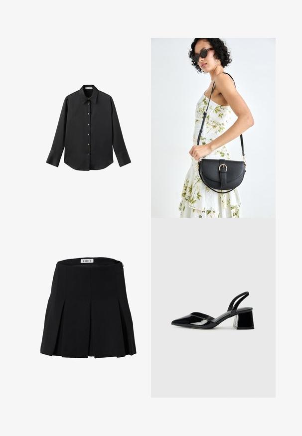 Black long-sleeve shirt in smooth fabric, featuring a classic collar, front button closure with gold-tone buttons, and wide cuffs.; Black pleated skirt with a high waist, made from smooth fabric. Features a zipper closure at the back and a clean, structured design.; Black patent leather slingback heels with a pointed toe and a geometric block heel. Features a sleek, minimal design and smooth texture.; Black leather handbag with a curved shape, detachable strap, and gold hardware. The bag features a flap with a buckle detail.