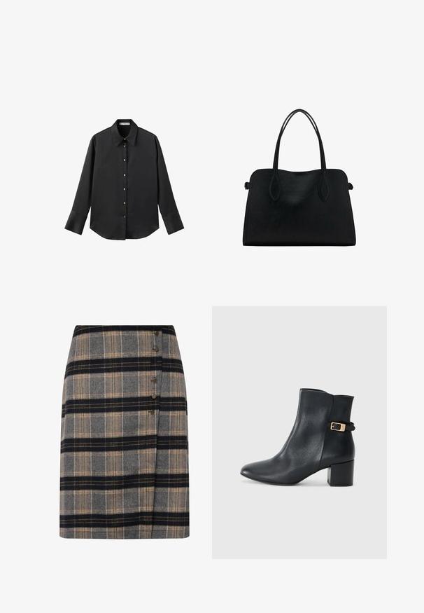Zwarte lange mouwen shirt van gladde stof, met een klassieke kraag, een sluiting met knopen aan de voorkant met gouden knopen en brede manchetten.; Wollen geruite rok in grijs, zwart en beige met een zijsluiting met knoop en een licht gewikkeld ontwerp. Textuurstof met een klassiek patroon.; Högl ELLA - Enkelkaarsjes - schwarz; Zwarte leren handtas met dubbele schouderriemen, rechthoekige vorm en minimalistisch ontwerp op een witte achtergrond.