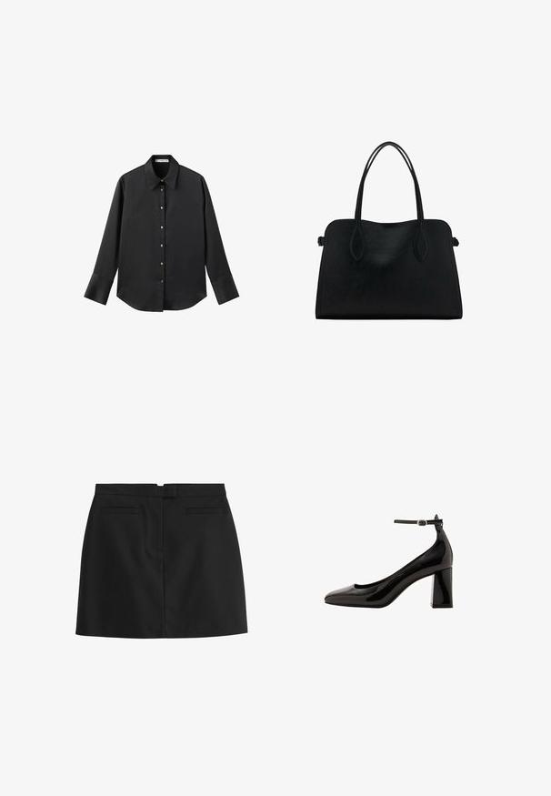 Černá dlouhá rukávová košile z hladkého materiálu, s klasickým límečkem, předním zapínáním na knoflíky ve zlatém tónu a širokými manžetami.; Černá mini sukně vyrobená z hladkého materiálu, se střihnu do rovného tvaru, dvěma zadními kapsami a skrytým zipem na zadní straně.; Černé lakované lodičky s ankletovým páskem, lesklým povrchem, špičatou špičkou a silným blokovým podpatkem. Hladký povrch, minimální detaily.; Černá kožená kabelka s dvojitými ramenními popruhy, obdélníkový tvar a minimalistický design na bílém pozadí.