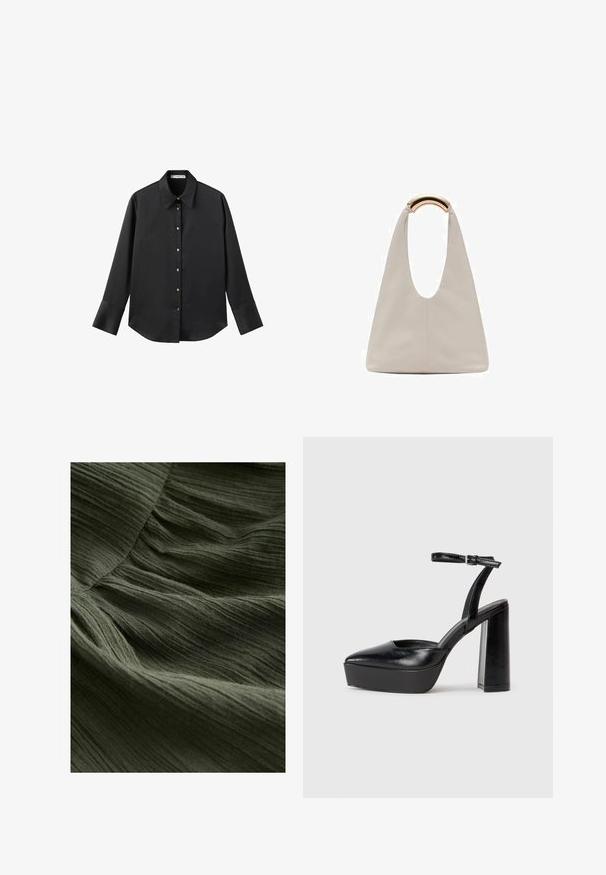 Čierna dlhá rukávová košeľa z hladkého materiálu, s klasickým golierom, predným zapínaním na gombíky so zlatými gombíkmi a širokými manžetami.; Zelená plisé tkanina zblízka, s jemným, textúrovaným povrchom a tenkými, vlnitými líniami, s ľahkým a splývavým vzhľadom.; Čierne platformové podpätky so špicatou špičkou a nastaviteľným členkovým remienkom. Vyrobené z hladkej kože a so robustným blokovým podpätkom.; Svetlosivá kožená taška s U-tvarom a zakrivenou kovovou rukoväťou. Hladký povrch s minimálnym prešívaním a bez viditeľných vzorov.