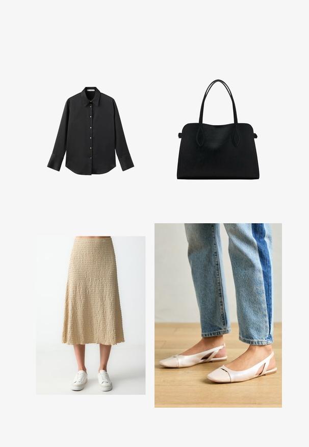 Schwarz langärmliges Hemd aus glattem Stoff, mit klassischem Kragen, frontaler Knopfleiste mit goldfarbenen Knöpfen und breiten Manschetten.; Beige, knielanger Rock aus strukturiertem Stoff mit gewelltem Saum. Kombiniert mit weißen Sneakers.; Blassrosa Slingback-Ballerinas mit spitzem Punkt, aus einem glatten, lederähnlichen Material. Mit Ausschnitten an den Seiten und einem flachen Absatz.; Schwarze Lederhandtasche mit zwei Schulterriemen, rechteckiger Form und minimalistischem Design auf weißem Hintergrund.
