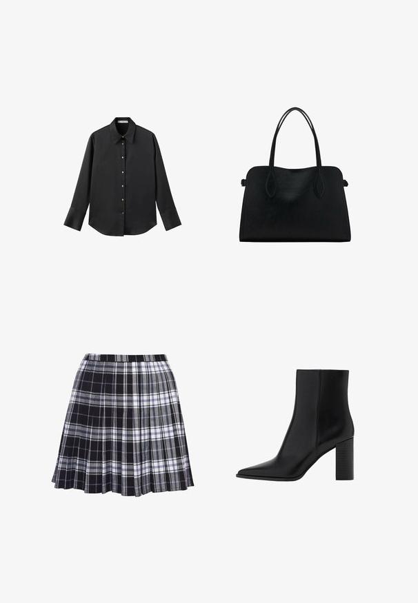 Sort langærmet skjorte i glat stof, med klassisk krave, frontlukning med guldtonede knapper og brede manchetter.; Sort og grå ternet plisseret nederdel med elastik i taljen, stoffets tekstur er glat, med vandrette og lodrette linjer i varierende bredder.; Sorte læder ankelstøvler med spidse tæer, firkantet hæl, glat tekstur og syningsdetaljer langs sømmene. Hælene måler cirka 9 cm.; Sort læderhåndtaske med dobbelte skulderremme, rektangulær form og minimalistisk design på en hvid baggrund.
