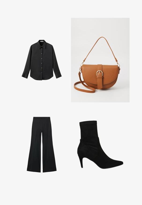 Černá dlouhá rukávová košile z hladkého materiálu, s klasickým límečkem, předním zapínáním na knoflíky ve zlatém tónu a širokými manžetami.; Černé kalhoty s širokými nohavicemi a hladkou texturou, s předními sklady a přizpůsobeným střihem. Materiál je lehký a splývavý.; Wojas Kotníkové boty - czarny; Hnědá kožená křížová taška s zakřiveným tvarem, zlatými detaily a akcentem s přezkou. Obsahuje odnímatelný popruh na rameno.