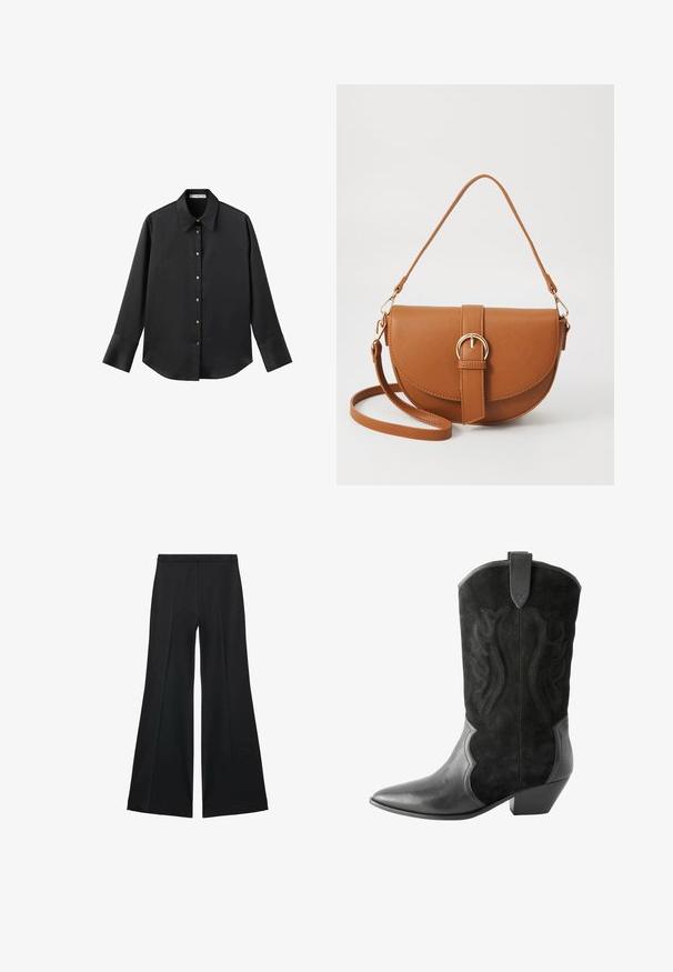 Schwarz langärmliges Hemd aus glattem Stoff, mit klassischem Kragen, frontaler Knopfleiste mit goldfarbenen Knöpfen und breiten Manschetten.; Schwarze weit geschnittene Hose mit glatter Textur, ausgestattet mit Frontfalten und einem taillierten Design. Der Stoff ist leicht und fließend.; Next Cowboy-/Bikerstiefelette - black; Braune Leder-Crossbody-Tasche mit geschwungener Form, goldfarbenen Beschlägen und einer Schnallenakzentuierung. Verfügt über einen abnehmbaren Schultergurt.