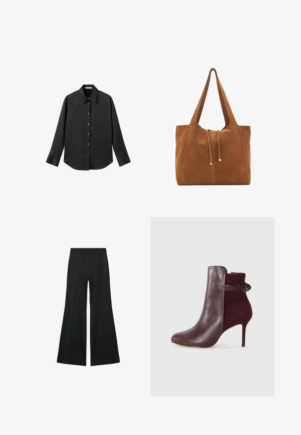 Black long-sleeve shirt in smooth fabric, featuring a classic collar, front button closure with gold-tone buttons, and wide cuffs.; Black wide-leg pants with a smooth texture, featuring front pleats and a tailored design. The fabric is lightweight and flowy.; Burgundy ankle boot with a sleek leather finish and a soft suede panel, featuring a high stiletto heel and a bow accent at the back.; Brown suede tote bag with two long straps, drawstring closure, and minimalistic design. Smooth texture and no visible hardware accents.
