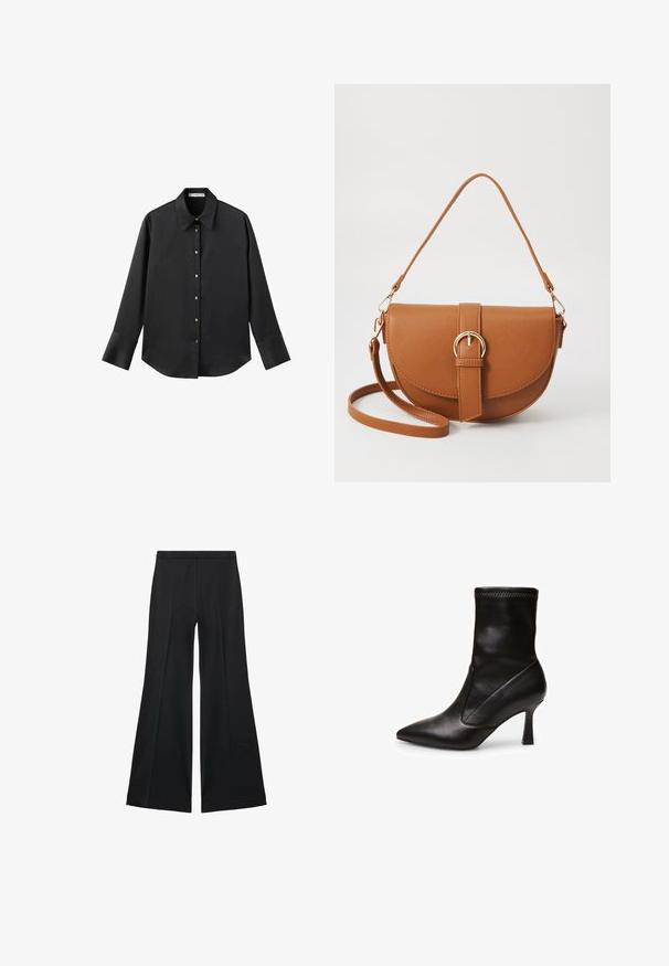 Svart långärmad skjorta i mjukt tyg, med klassisk krage, framknäppning med knappar i guldton och breda manschetter.; Svarta vida byxor med en slät textur, med framfickor och skräddarsydd design. Tyget är lätt och flödande.; Bata Stövletter - schwarz; Brun läder crossbody-väska med en böjd form, gyllene detaljer och en spänneaccent. Har en avtagbar axelrem.