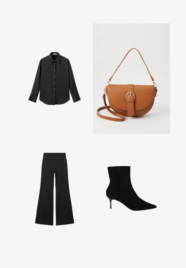 Svart långärmad skjorta i mjukt tyg, med klassisk krage, framknäppning med knappar i guldton och breda manschetter.; Svarta vida byxor med en slät textur, med framfickor och skräddarsydd design. Tyget är lätt och flödande.; Svart nubuck ankelsko med spetsig tå och en smal stilettklack. Slät textur och åtsittande silhuett som förstärker designen.; Brun läder crossbody-väska med en böjd form, gyllene detaljer och en spänneaccent. Har en avtagbar axelrem.