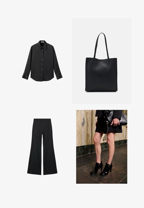 Črna majica z dolgimi rokavi iz gladkega materiala, z klasičnim ovratnikom, sprednjim zapiranjem na gumbe z zlatimi gumbi in širokimi manšetami.; Črne široke hlače z gladko teksturo, ki imajo sprednje nabore in kroj po meri. Tkanina je lahka in zračna.; Ženska v črnih gležnjarjih in črni krilu, ki drži velik črn usnjen klobuček, stoji na temnem keramičnem podu blizu marmoraste stene.; Črna usnjena torba s svilnato teksturo, pravokotne oblike in dvema dolgima ročajema. Brez vidnih metalnih delov ali okrasnih elementov.
