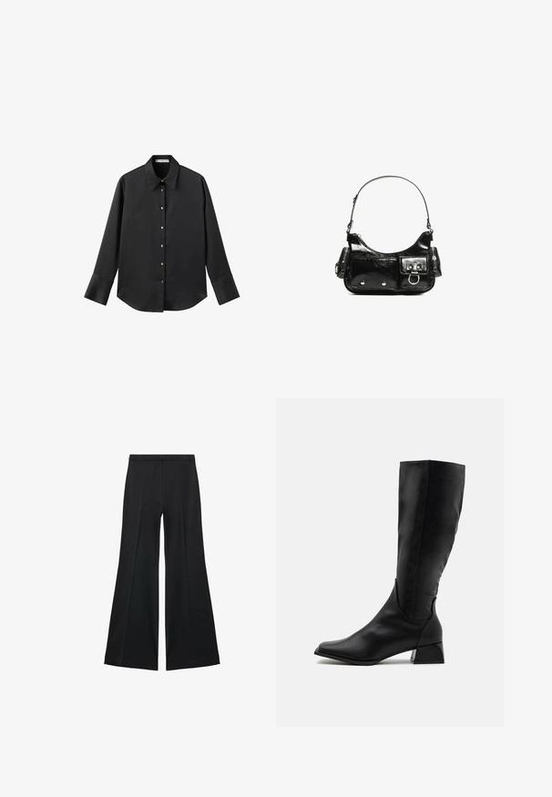 Črna majica z dolgimi rokavi iz gladkega materiala, z klasičnim ovratnikom, sprednjim zapiranjem na gumbe z zlatimi gumbi in širokimi manšetami.; Črne široke hlače z gladko teksturo, ki imajo sprednje nabore in kroj po meri. Tkanina je lahka in zračna.; Črne ženske čevlje do kolen, narejene iz gladkega usnja, z zaobljenim prstom, skromnim peto in elegantnim, oprijetim dizajnom brez okrasja.; Črna lakasta usnjena torbica s ukrivljeno obliko, enim ramenskim trakom, sprednjimi žepi in srebrnimi kovinskimi dodatki.