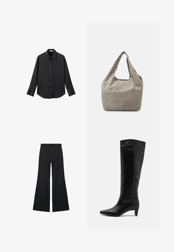 Black long-sleeve shirt in smooth fabric, featuring a classic collar, front button closure with gold-tone buttons, and wide cuffs.; Black wide-leg pants with a smooth texture, featuring front pleats and a tailored design. The fabric is lightweight and flowy.; Knee-high black leather boots with a pointed toe and a low, elegant heel; smooth texture with a simple and sleek design.; Gray suede tote bag with a slouchy design, wide shoulder strap, and a large opening. Features subtle stitching and base studs for stability.