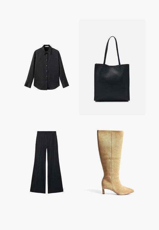 Črna majica z dolgimi rokavi iz gladkega materiala, z klasičnim ovratnikom, sprednjim zapiranjem na gumbe z zlatimi gumbi in širokimi manšetami.; Črne široke hlače z gladko teksturo, ki imajo sprednje nabore in kroj po meri. Tkanina je lahka in zračna.; Bež usnjeni škorenj do kolen s koničastim nosom in blok peto. Gladka tekstura, minimalističen dizajn in vertikalni šivni detajl na nogavici.; Črna usnjena torba s svilnato teksturo, pravokotne oblike in dvema dolgima ročajema. Brez vidnih metalnih delov ali okrasnih elementov.