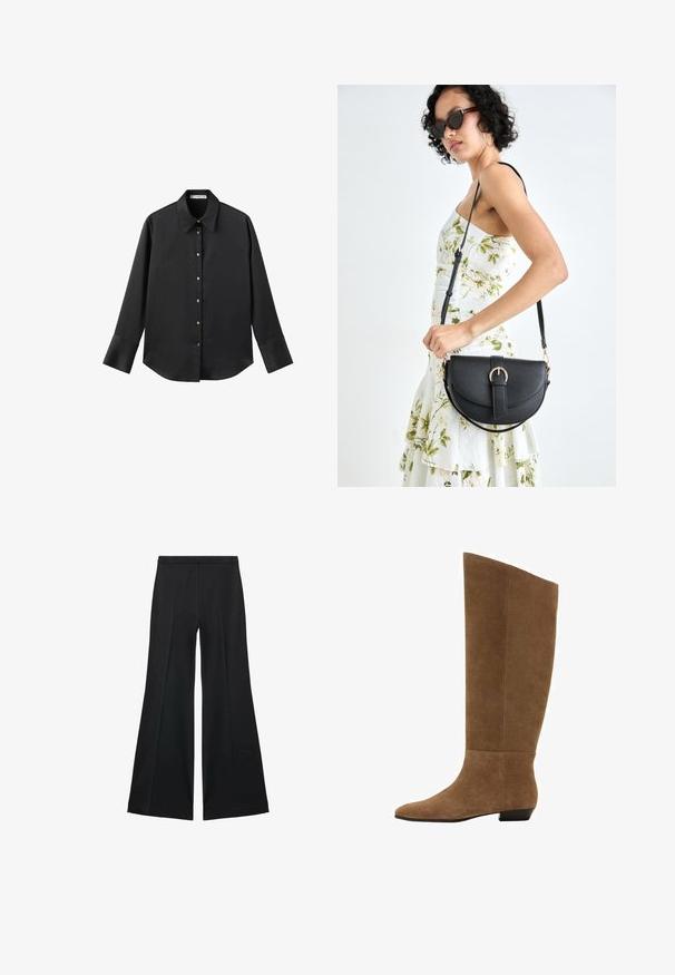 Črna majica z dolgimi rokavi iz gladkega materiala, z klasičnim ovratnikom, sprednjim zapiranjem na gumbe z zlatimi gumbi in širokimi manšetami.; Črne široke hlače z gladko teksturo, ki imajo sprednje nabore in kroj po meri. Tkanina je lahka in zračna.; Rjavi semiš škornji do kolen z ostrim nosom, ravnim petkom, gladko teksturo in preprostim, elegantnim dizajnom. Brez vidnih dodatkov ali okrasitev.; Črna usnjena torbica s ukrivljeno obliko, z odstranljivo naramnico in zlatimi dodatki. Torbica ima pokrov s podrobnostmi v obliki zaponke.