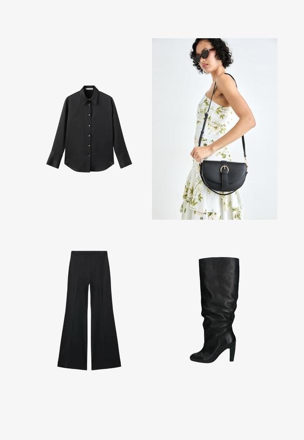 Chemise noire à manches longues en tissu lisse, dotée d'un col classique, d'une fermeture à boutons sur le devant avec des boutons dorés, et de larges poignets.; Pantalons larges noirs avec une texture lisse, présentant des plis sur le devant et un design ajusté. Le tissu est léger et fluide.; Bottes noires en cuir montant jusqu'au genou avec un design décontracté, bout rond et un petit talon carré. Texture lisse, sans matériel ni accents visibles.; Sac à main en cuir noir avec une forme courbée, bandoulière amovible et des accessoires en or. Le sac est doté d'un rabat avec un détail de boucle.