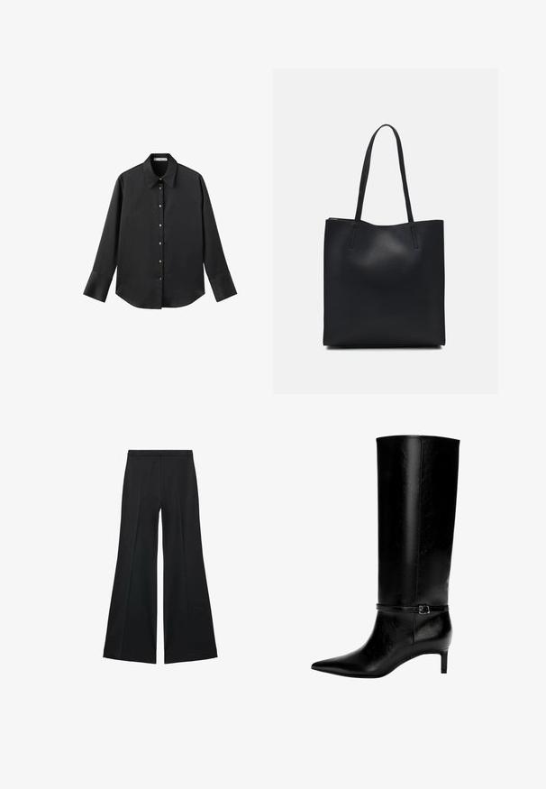 Zwarte lange mouwen shirt van gladde stof, met een klassieke kraag, een sluiting met knopen aan de voorkant met gouden knopen en brede manchetten.; Zwarte wijde-pijpen broek met een gladde textuur, gekenmerkt door voorplooien en een op maat gemaakte uitstraling. De stof is lichtgewicht en vloeiend.; Zwarte leren laarzen tot de knie met een spitse neus en een kleine hak. Voorzien van een smalle band met een metalen gesp rond de enkel. Effen textuur.; Zwarte leren handtas met een gladde textuur, rechthoekige vorm en twee lange handvaten. Geen zichtbare hardware of versieringen.