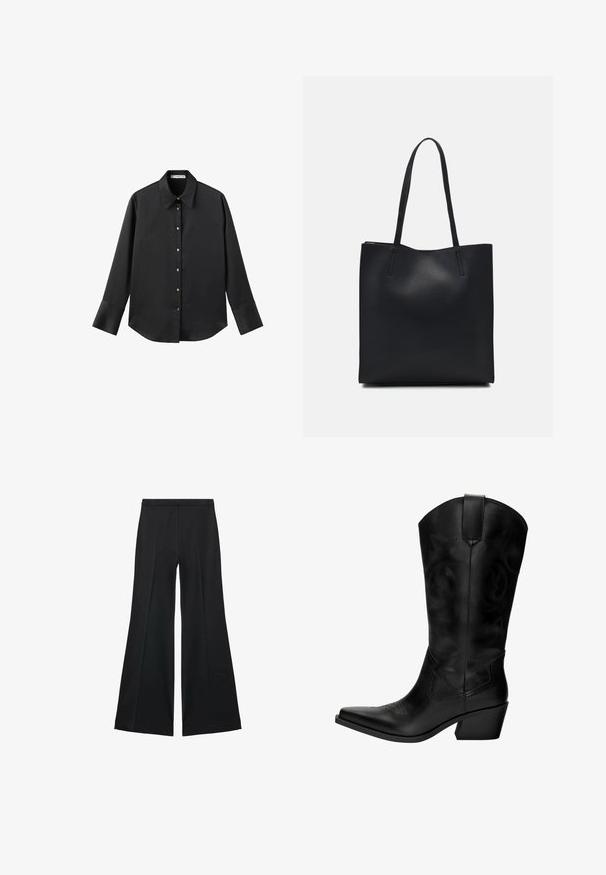 Černá dlouhá rukávová košile z hladkého materiálu, s klasickým límečkem, předním zapínáním na knoflíky ve zlatém tónu a širokými manžetami.; Černé kalhoty s širokými nohavicemi a hladkou texturou, s předními sklady a přizpůsobeným střihem. Materiál je lehký a splývavý.; Černé kožené kovbojské boty s špičatou špičkou, středním podpatkem, dekorativním prošíváním a poutkem pro snadné obouvání. Hladká textura a vysoký svršek.; Černá kožená taška přes rameno s hladkým povrchem, obdélníkovým tvarem a dvěma dlouhými uchy. Žádné viditelné kování ani ozdoby.