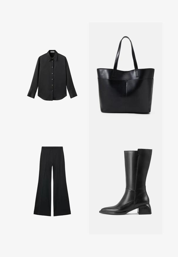 Schwarz langärmliges Hemd aus glattem Stoff, mit klassischem Kragen, frontaler Knopfleiste mit goldfarbenen Knöpfen und breiten Manschetten.; Schwarze weit geschnittene Hose mit glatter Textur, ausgestattet mit Frontfalten und einem taillierten Design. Der Stoff ist leicht und fließend.; Schwarzer Lederstiefel bis zum Knie mit quadrater Spitze, einem moderaten Blockabsatz und minimaler Nahtdetailierung, präsentiert in einem glatten, glänzenden Finish.; Schwarze Leder-Shopper-Tasche mit zwei langen Griffen, einer glatten Textur und einer strukturierten Form. Verfügt über eine Vordertasche für zusätzlichen Stauraum.