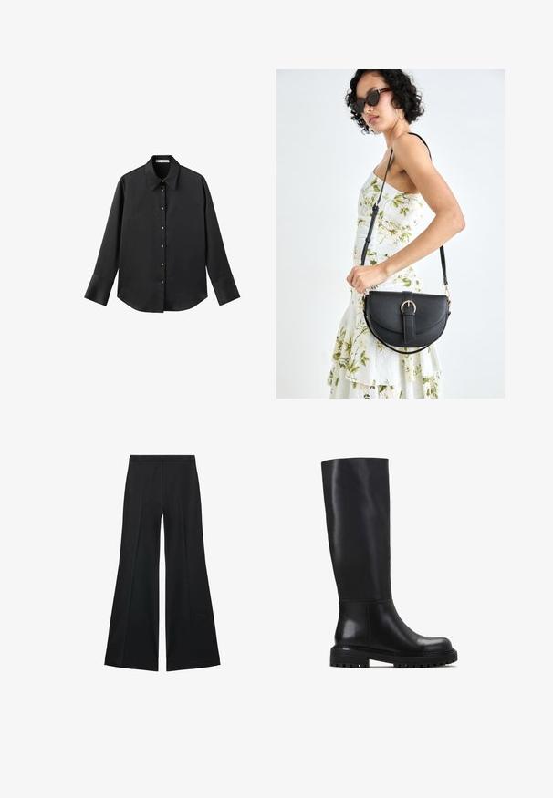 Crna košulja dugih rukava od glatkog materijala, s klasičnim ovratnikom, prednjim kopčanjem na dugmad u boji zlatne i širokim manžetnama.; Crne široke hlače s glatkom teksturom, koje imaju prednje nabore i kroj po mjeri. Tkanina je lagana i lepršava.; Crne čizme do koljena izrađene od glatke kože. Imaju zaobljeni vrh, čvrst potplat s rebrastim uzorkom i minimalistički dizajn.; Crna kožna torba s lukovitim oblikom, odvojivim remenom i zlatnim detaljima. Torba ima preklop s kopčom.