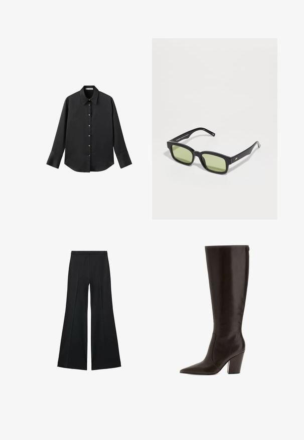 Cămașă neagră cu mâneci lungi dintr-un material neted, având un guler clasic, închidere frontală cu butoane aurii și manșete late.; Pantaloni negri cu croială largă, având o textură netedă, cu pliseuri frontale și un design croit. Materialul este ușor și fluid.; Botă maro din piele, până la genunchi, cu vârf ascuțit și toc bloc. Prezintă o textură netedă și fermoar pe lateral pentru a fi ușor de purtat.; Ochelari de soare dreptunghiulari negri cu lentile verzi. Cadru gros din plastic, brațe drepte și accente subtile de aur pe lateral.