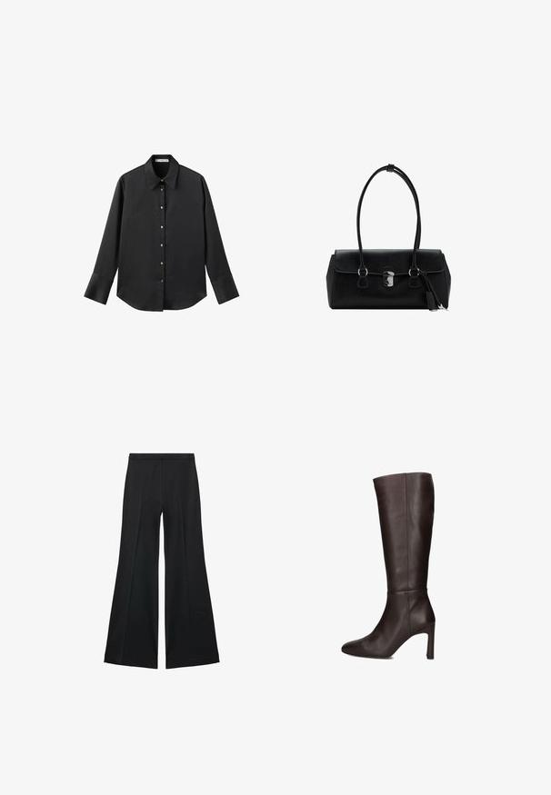 Schwarz langärmliges Hemd aus glattem Stoff, mit klassischem Kragen, frontaler Knopfleiste mit goldfarbenen Knöpfen und breiten Manschetten.; Schwarze weit geschnittene Hose mit glatter Textur, ausgestattet mit Frontfalten und einem taillierten Design. Der Stoff ist leicht und fließend.; Knöchelhohe braune Lederstiefel mit spitz zulaufender Zehenpartie und schmalem hohen Absatz, verfügt über eine glatte Textur und klare Designlinien.; Schwarze Lederhandtasche mit glatter Textur, strukturiertem Design, doppelten Griffen und einem silbernen Verschlussdetail in der Mitte.