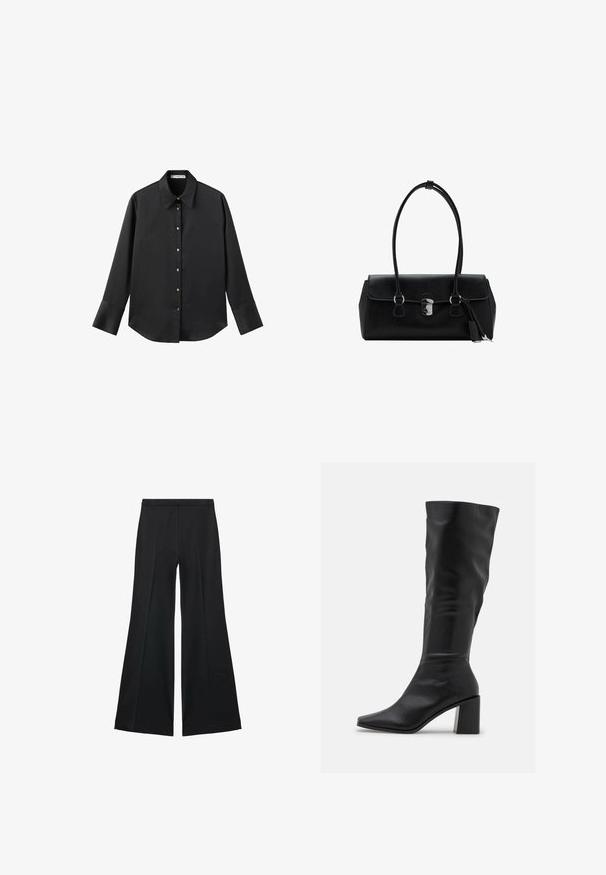 Czarna koszula z długim rękawem z gładkiego materiału, z klasycznym kołnierzykiem, zapięciem na guziki z przodu w złotym odcieniu oraz szerokimi mankietami.; Czarne spodnie o szerokich nogawkach z gładką teksturą, z przodu ozdobione zakładkami i skrojonym fasonem. Materiał jest lekki i zwiewny.; RAID BLICK - Kozaki; Czarna skórzana torebka o gładkiej fakturze, usztywnionym fasonie, podwójnych uchwytach i srebrnym zapięciu na środku.