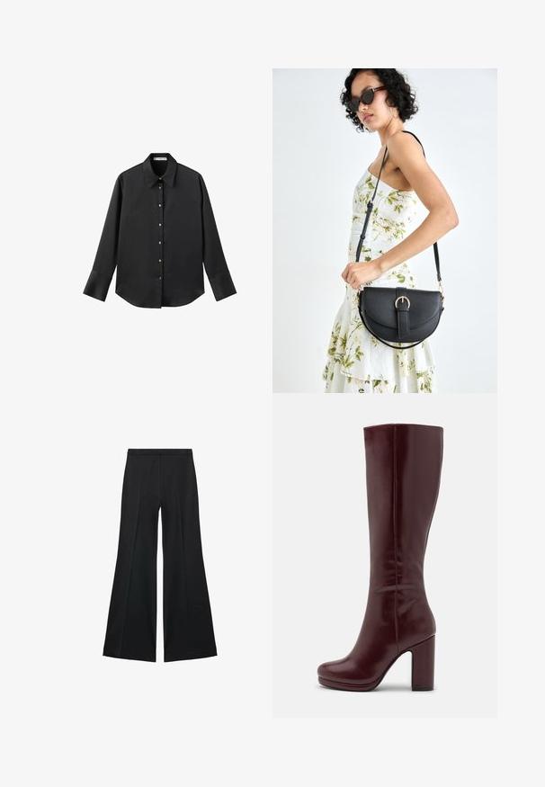 Black long-sleeve shirt in smooth fabric, featuring a classic collar, front button closure with gold-tone buttons, and wide cuffs.; Black wide-leg pants with a smooth texture, featuring front pleats and a tailored design. The fabric is lightweight and flowy.; Anna Field High heeled boots - red; Black leather handbag with a curved shape, detachable strap, and gold hardware. The bag features a flap with a buckle detail.