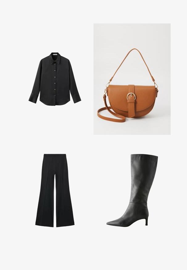 Črna majica z dolgimi rokavi iz gladkega materiala, z klasičnim ovratnikom, sprednjim zapiranjem na gumbe z zlatimi gumbi in širokimi manšetami.; Črne široke hlače z gladko teksturo, ki imajo sprednje nabore in kroj po meri. Tkanina je lahka in zračna.; Črne usnjene škornje do kolen z ostrim nosom, gladkim finišem in nizko, stabilno peto. Imajo ozko, prilegajočo se zasnovo.; Rjava usnjena torbica prek telesa s ukrivljeno obliko, zlate opreme in sponko. Ima odstranljiv naramni trak.