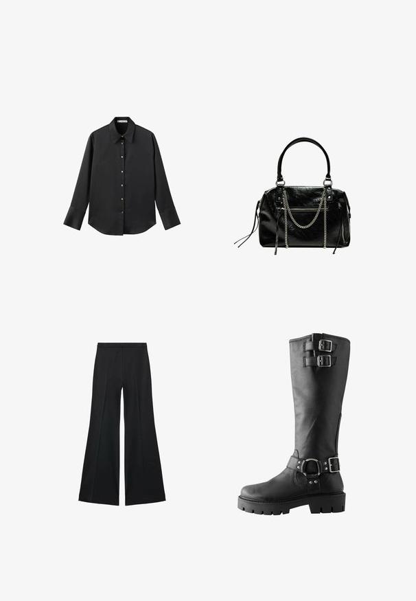 Czarna koszula z długim rękawem z gładkiego materiału, z klasycznym kołnierzykiem, zapięciem na guziki z przodu w złotym odcieniu oraz szerokimi mankietami.; Czarne spodnie o szerokich nogawkach z gładką teksturą, z przodu ozdobione zakładkami i skrojonym fasonem. Materiał jest lekki i zwiewny.; Next - Kozaki na platformie; Bershka - Torebka
