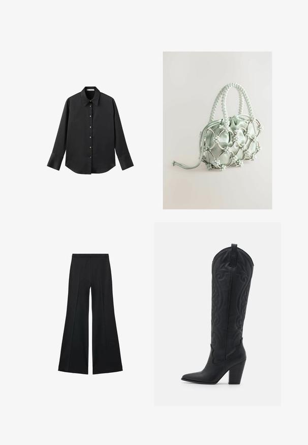 Chemise noire à manches longues en tissu lisse, dotée d'un col classique, d'une fermeture à boutons sur le devant avec des boutons dorés, et de larges poignets.; Pantalons larges noirs avec une texture lisse, présentant des plis sur le devant et un design ajusté. Le tissu est léger et fluide.; Zign Bottes de cowboy / motard - black; Next Sac à main - blue