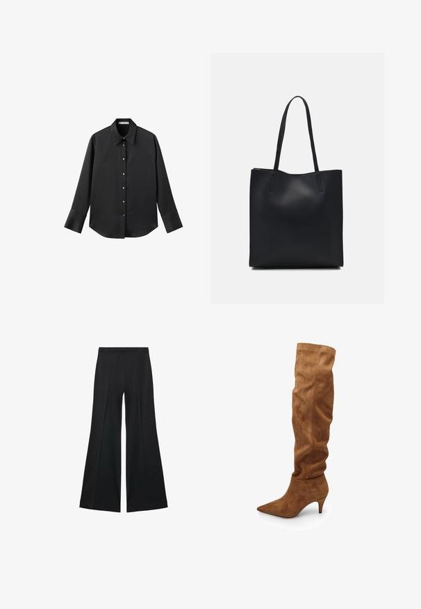 Črna majica z dolgimi rokavi iz gladkega materiala, z klasičnim ovratnikom, sprednjim zapiranjem na gumbe z zlatimi gumbi in širokimi manšetami.; Črne široke hlače z gladko teksturo, ki imajo sprednje nabore in kroj po meri. Tkanina je lahka in zračna.; Visoki rjavi semiš škornji s sproščenim dizajnom, koničastim nosom in nizkim peto. Imajo gladko teksturo in minimalistični slog.; Črna usnjena torba s svilnato teksturo, pravokotne oblike in dvema dolgima ročajema. Brez vidnih metalnih delov ali okrasnih elementov.