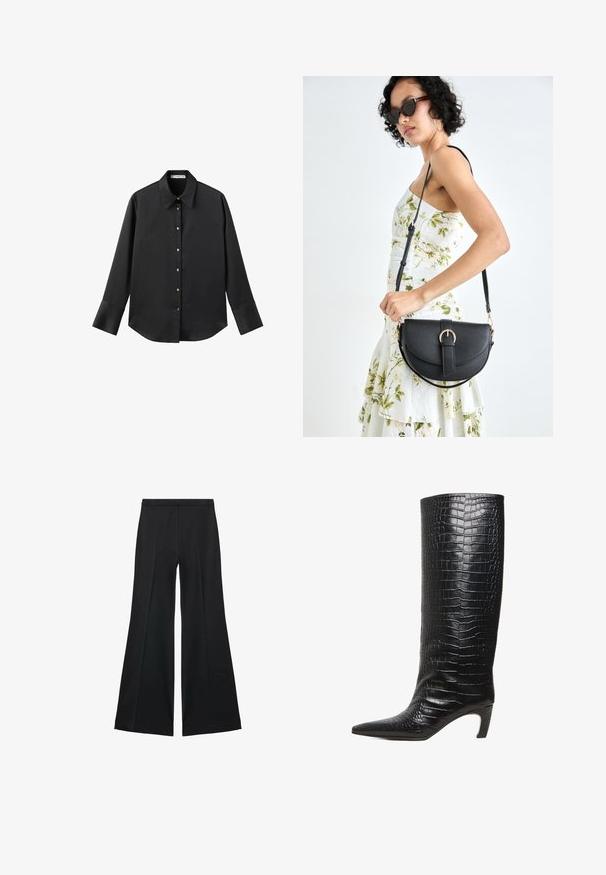 Czarna koszula z długim rękawem z gładkiego materiału, z klasycznym kołnierzykiem, zapięciem na guziki z przodu w złotym odcieniu oraz szerokimi mankietami.; Czarne spodnie o szerokich nogawkach z gładką teksturą, z przodu ozdobione zakładkami i skrojonym fasonem. Materiał jest lekki i zwiewny.; Czarne, sięgające za kolano botki z migdałowym noskiem, średniej wysokości wygiętym obcasem i błyszczącą skórą z tłoczeniem krokodylem.; Czarna skórzana torebka o zakrzywionym kształcie, z odpinanym paskiem i złotymi akcentami. Torebka posiada klapę z zapięciem w kształcie klamry.