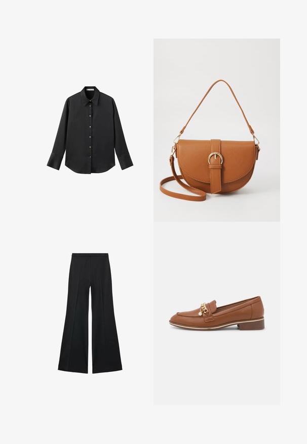 Black long-sleeve shirt in smooth fabric, featuring a classic collar, front button closure with gold-tone buttons, and wide cuffs.; Black wide-leg pants with a smooth texture, featuring front pleats and a tailored design. The fabric is lightweight and flowy.; Brown leather loafer with a gold chain accent and pearl detail. Features a rounded toe and a low block heel. Smooth texture and sleek design.; Brown leather crossbody bag with a curved shape, gold hardware, and a buckle accent. Features a detachable shoulder strap.