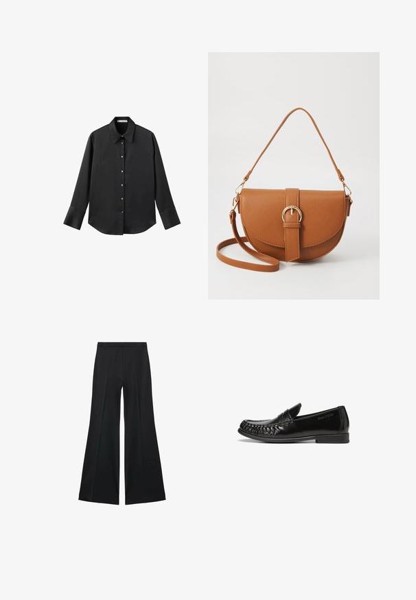 Črna majica z dolgimi rokavi iz gladkega materiala, z klasičnim ovratnikom, sprednjim zapiranjem na gumbe z zlatimi gumbi in širokimi manšetami.; Črne široke hlače z gladko teksturo, ki imajo sprednje nabore in kroj po meri. Tkanina je lahka in zračna.; Črne usnjene loaferje z gladko, sijočo površino, zaobljenim nosom in dekorativnim šivanjem ob robovih. Ravna gumijasta podloga z minimalnim profilom.; Rjava usnjena torbica prek telesa s ukrivljeno obliko, zlate opreme in sponko. Ima odstranljiv naramni trak.