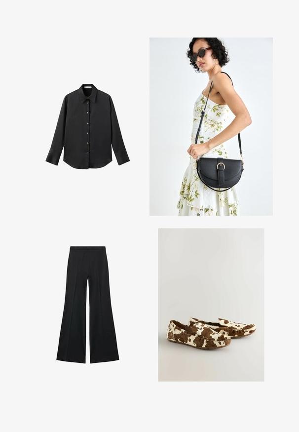 Crna košulja dugih rukava od glatkog materijala, s klasičnim ovratnikom, prednjim kopčanjem na dugmad u boji zlatne i širokim manžetnama.; Crne široke hlače s glatkom teksturom, koje imaju prednje nabore i kroj po mjeri. Tkanina je lagana i lepršava.; Loaferi s uzorkom krave napravljeni od mekog materijala s smešnim i belim uzorkom, sa dizajnom koji se lako obuva i ravnim gumiranim đonom.; Crna kožna torba s lukovitim oblikom, odvojivim remenom i zlatnim detaljima. Torba ima preklop s kopčom.