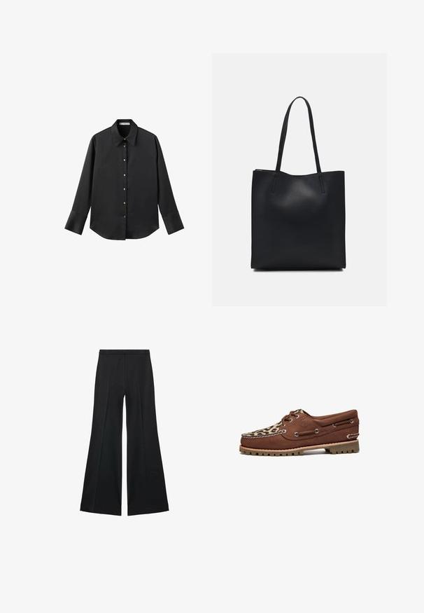 Schwarz langärmliges Hemd aus glattem Stoff, mit klassischem Kragen, frontaler Knopfleiste mit goldfarbenen Knöpfen und breiten Manschetten.; Schwarze weit geschnittene Hose mit glatter Textur, ausgestattet mit Frontfalten und einem taillierten Design. Der Stoff ist leicht und fließend.; Timberland Bootsschuh - medium brown nubuck; Schwarze Laptoptasche aus Leder mit glatter Textur, rechteckiger Form und zwei langen Griffen. Keine sichtbaren Beschläge oder Verzierungen.