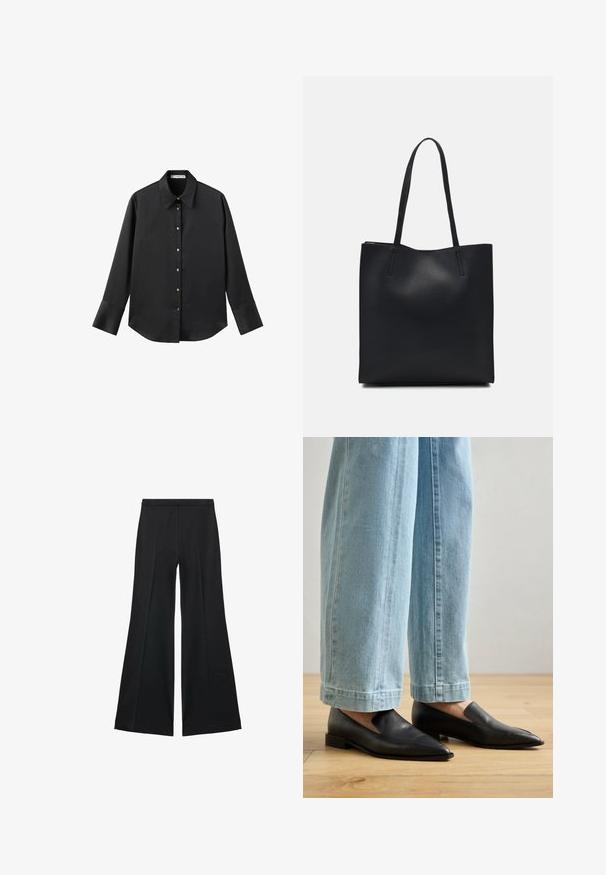 Schwarz langärmliges Hemd aus glattem Stoff, mit klassischem Kragen, frontaler Knopfleiste mit goldfarbenen Knöpfen und breiten Manschetten.; Schwarze weit geschnittene Hose mit glatter Textur, ausgestattet mit Frontfalten und einem taillierten Design. Der Stoff ist leicht und fließend.; Schwarze Lederschuhe mit spitzem Zehenbereich und Schlupfdesign, kombiniert mit hellblauen weit geschnittenen Jeans, auf einem Holzboden.; Schwarze Laptoptasche aus Leder mit glatter Textur, rechteckiger Form und zwei langen Griffen. Keine sichtbaren Beschläge oder Verzierungen.