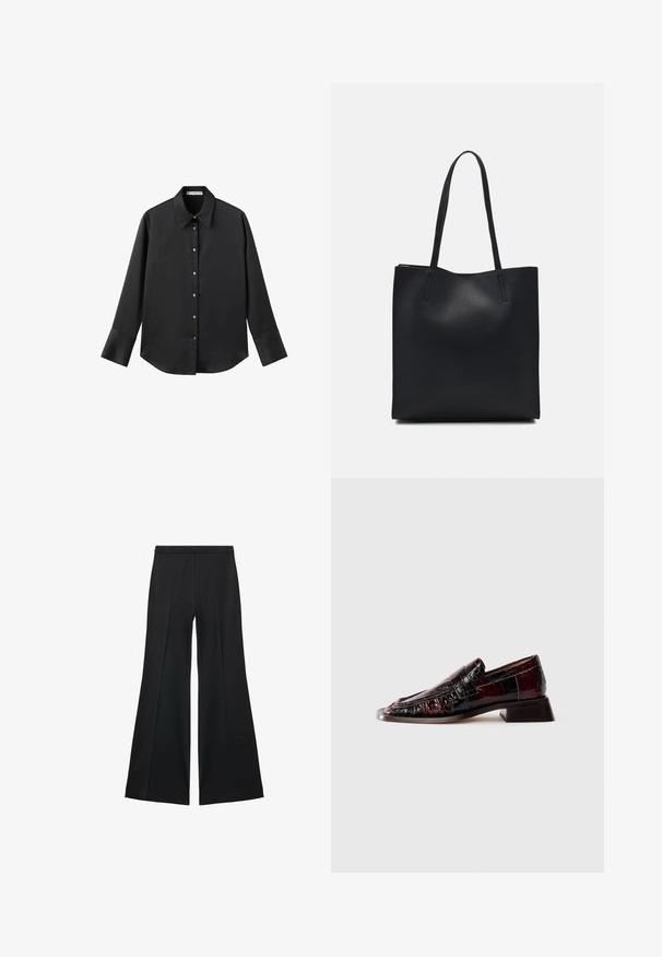Černá dlouhá rukávová košile z hladkého materiálu, s klasickým límečkem, předním zapínáním na knoflíky ve zlatém tónu a širokými manžetami.; Černé kalhoty s širokými nohavicemi a hladkou texturou, s předními sklady a přizpůsobeným střihem. Materiál je lehký a splývavý.; Tmavě burgundové lakované kožené mokasíny s texturovaným povrchem, nízkým blokovým podpatkem a klasickým detailem v podobě příčné pásky, zobrazené z boku.; Černá kožená taška přes rameno s hladkým povrchem, obdélníkovým tvarem a dvěma dlouhými uchy. Žádné viditelné kování ani ozdoby.
