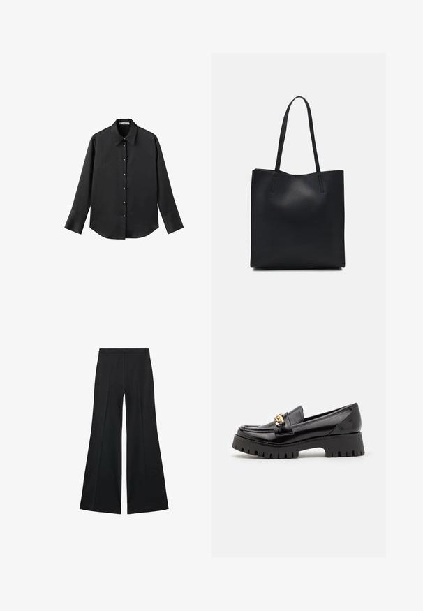 Maglietta nera a maniche lunghe in tessuto morbido, con colletto classico, chiusura frontale con bottoni dorati e polsini ampi.; Pantaloni neri a gamba larga con una texture liscia, caratterizzati da pieghe frontali e un design sartoriale. Il tessuto è leggero e fluido.; Mocassini in pelle verniciata nera con suola nera spessa e seghettata e un dettaglio in metallo dorato sulla parte anteriore. Texture liscia, design classico.; Borsa tote in pelle nera con texture liscia, forma rettangolare e due manici lunghi. Nessun hardware o decorazione visibile.