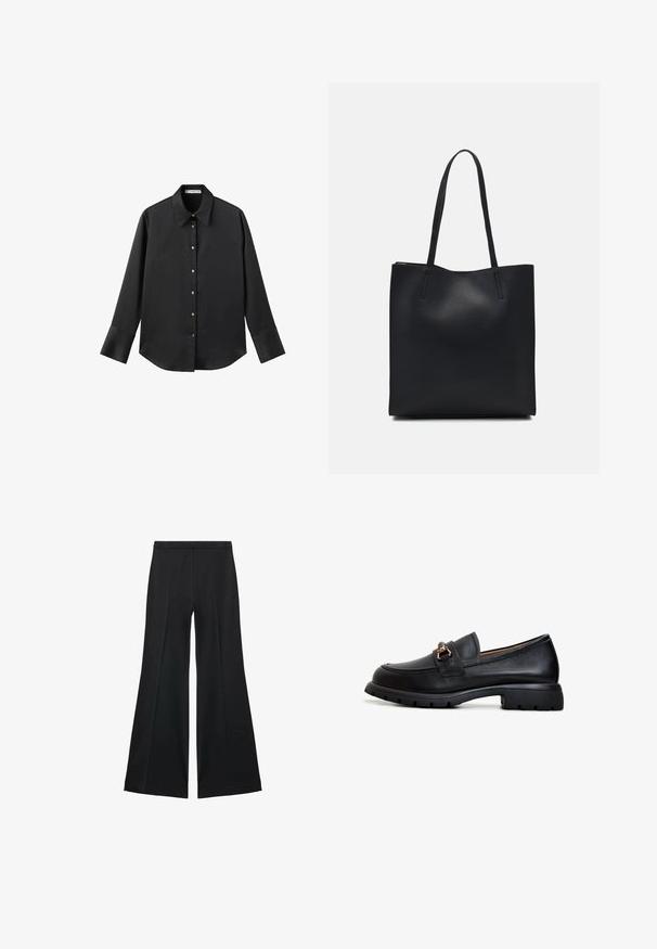 Czarna koszula z długim rękawem z gładkiego materiału, z klasycznym kołnierzykiem, zapięciem na guziki z przodu w złotym odcieniu oraz szerokimi mankietami.; Czarne spodnie o szerokich nogawkach z gładką teksturą, z przodu ozdobione zakładkami i skrojonym fasonem. Materiał jest lekki i zwiewny.; Czarne skórzane mokasyny z okrągłym noskiem, dekoracyjnym złotym okuciem oraz solidną gumową podeszwą z teksturowanym wzorem zapewniającym dobrą przyczepność.; Czarna skórzana torba tote o gładkiej fakturze, prostokątnym kształcie i dwóch długich uchwytach. Brak widocznych elementów metalowych i ozdób.