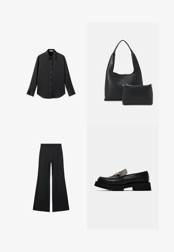 Black long-sleeve shirt in smooth fabric, featuring a classic collar, front button closure with gold-tone buttons, and wide cuffs.; Black wide-leg pants with a smooth texture, featuring front pleats and a tailored design. The fabric is lightweight and flowy.; Black leather loafer with chunky black sole and gold buckle detail on the front. Features stitching along the toe and sleek design.; Even&Odd Handbag - black