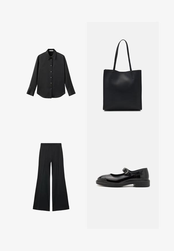Czarna koszula z długim rękawem z gładkiego materiału, z klasycznym kołnierzykiem, zapięciem na guziki z przodu w złotym odcieniu oraz szerokimi mankietami.; Czarne spodnie o szerokich nogawkach z gładką teksturą, z przodu ozdobione zakładkami i skrojonym fasonem. Materiał jest lekki i zwiewny.; Czarne lakierowane buty typu Mary Jane z okrągłym noskiem, regulowanym paskiem z klamrą, niskim obcasem blokowym i gładkim, błyszczącym wykończeniem.; Czarna skórzana torba tote o gładkiej fakturze, prostokątnym kształcie i dwóch długich uchwytach. Brak widocznych elementów metalowych i ozdób.