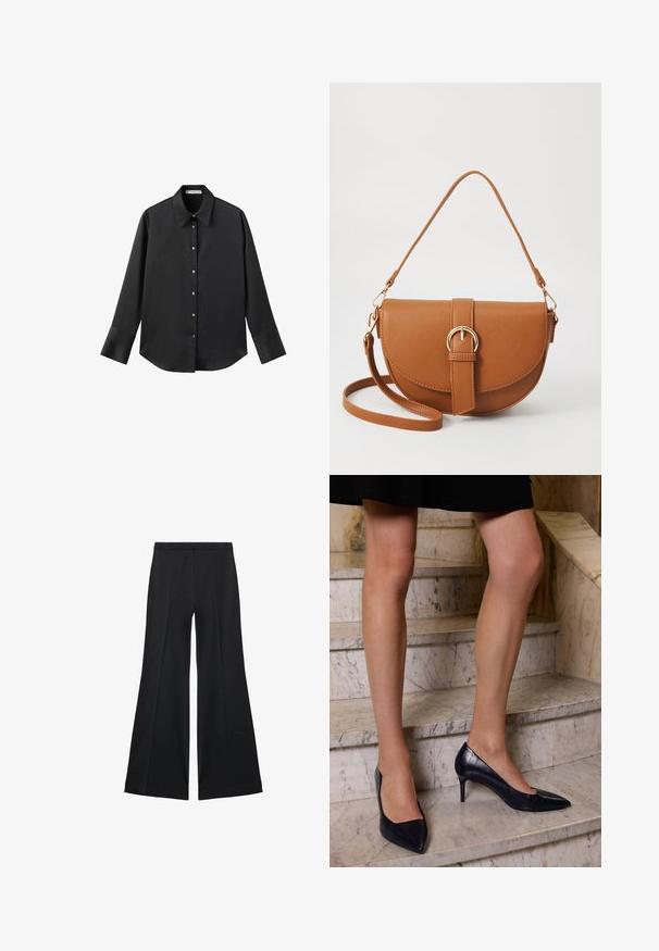Black long-sleeve shirt in smooth fabric, featuring a classic collar, front button closure with gold-tone buttons, and wide cuffs.; Black wide-leg pants with a smooth texture, featuring front pleats and a tailored design. The fabric is lightweight and flowy.; Navy blue high-heeled shoes with a pointed toe, featuring a smooth and textured finish resembling crocodile skin.; Brown leather crossbody bag with a curved shape, gold hardware, and a buckle accent. Features a detachable shoulder strap.
